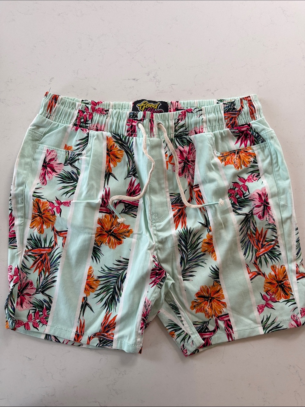 Mint Floral Men's Shorts with Orange & Pink Hibiscus